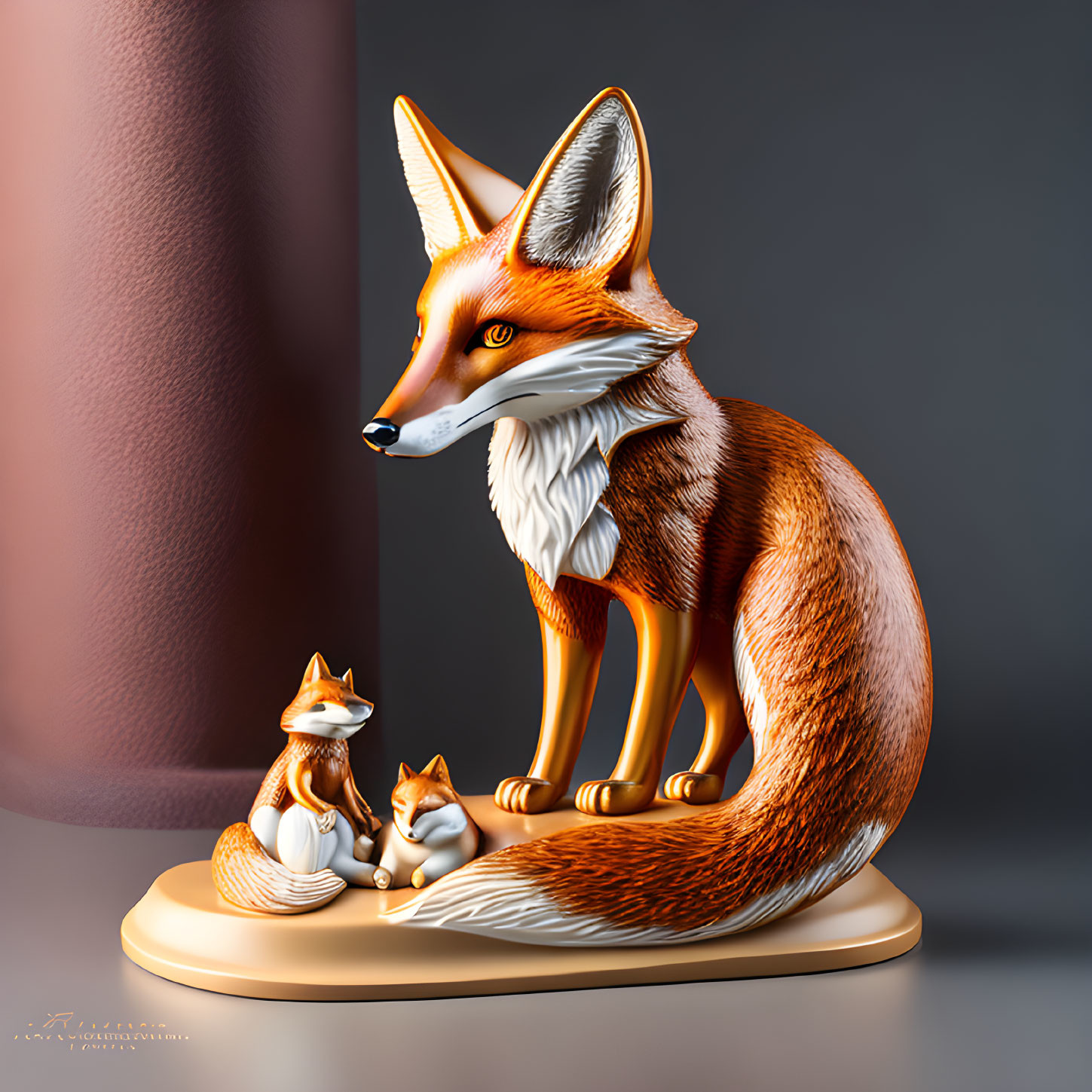 Realistic adult fox figurine with two cubs on wooden base in dark setting
