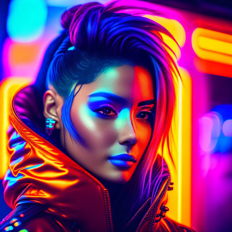 Woman with blue makeup and red jacket under neon lights at night