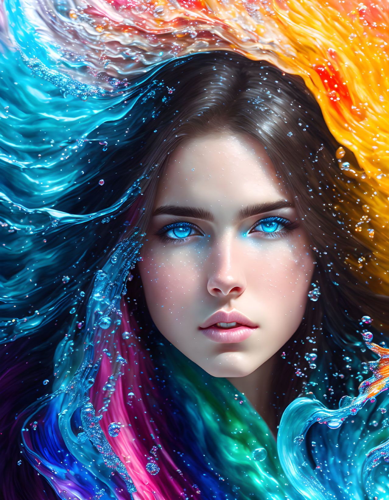 Vibrant portrait of a woman with blue eyes in swirling water-like colors