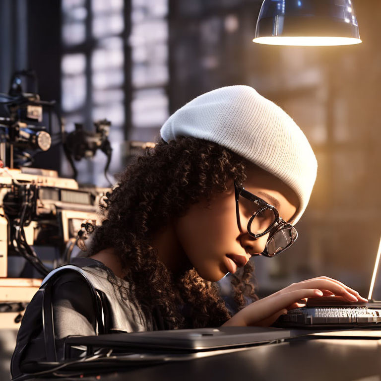 Person with curly hair and glasses typing at desk with complex equipment
