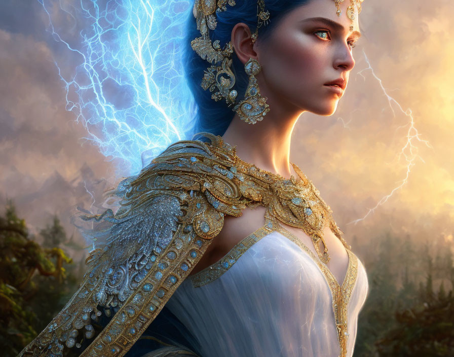 Striking blue attire woman in mystical landscape with lightning
