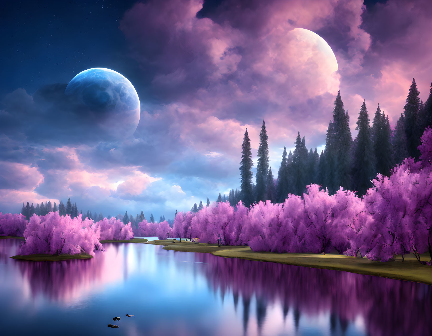 Tranquil landscape with pink trees, lake, moon, and dusk sky