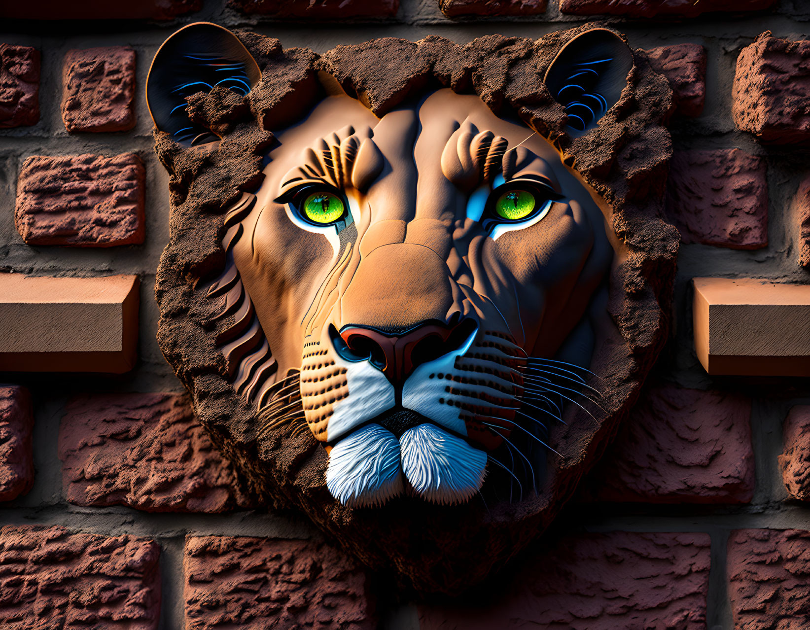 3D lion face breaking through red brick wall with blue eyes and detailed fur textures