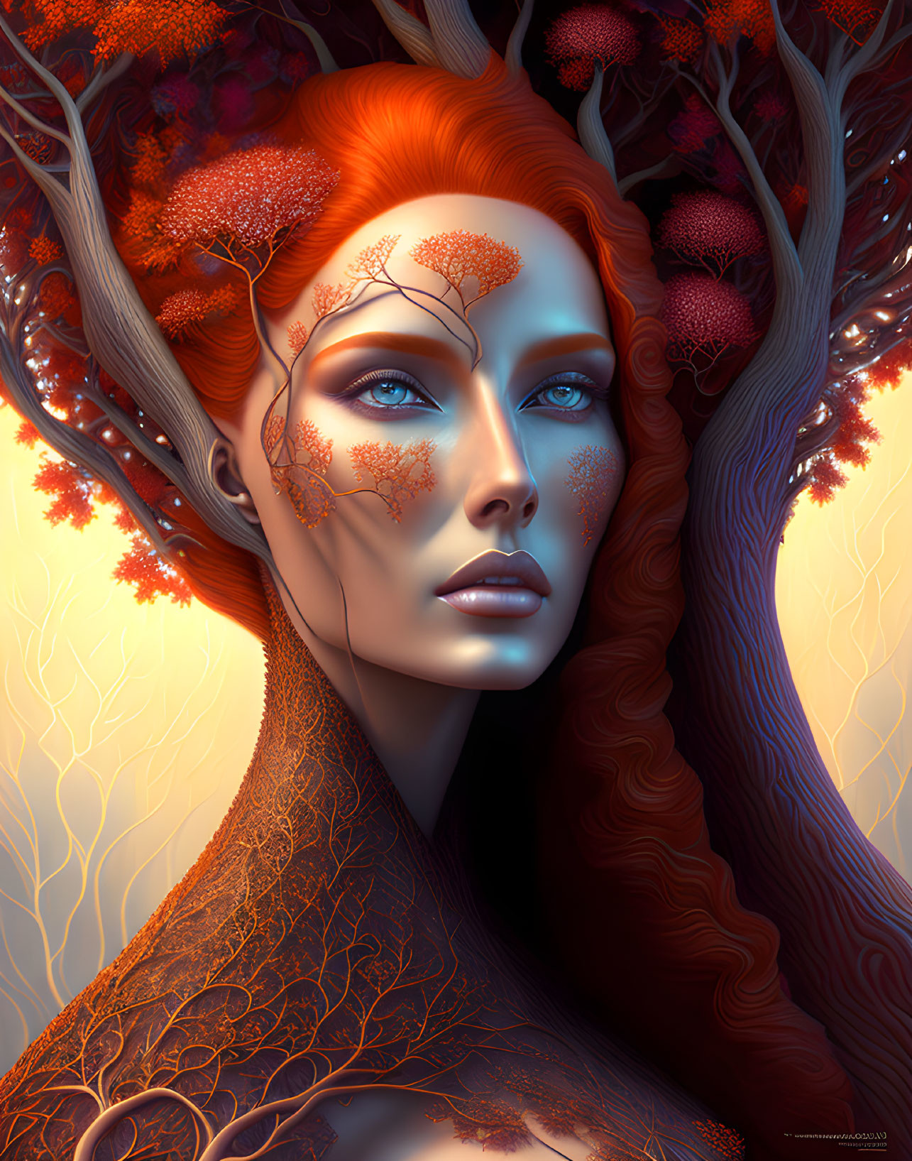 Surreal portrait of a woman with tree branches for hair and autumn leaves