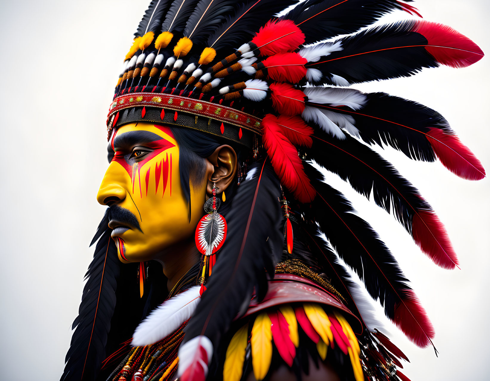 Elaborate Native American headdress with vibrant feathers and traditional regalia