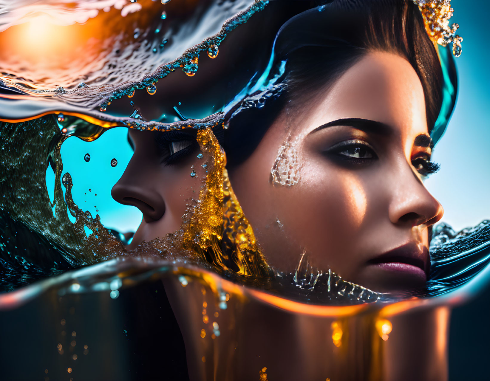 Woman's Face Emerges from Glistening Water with Gold Accents