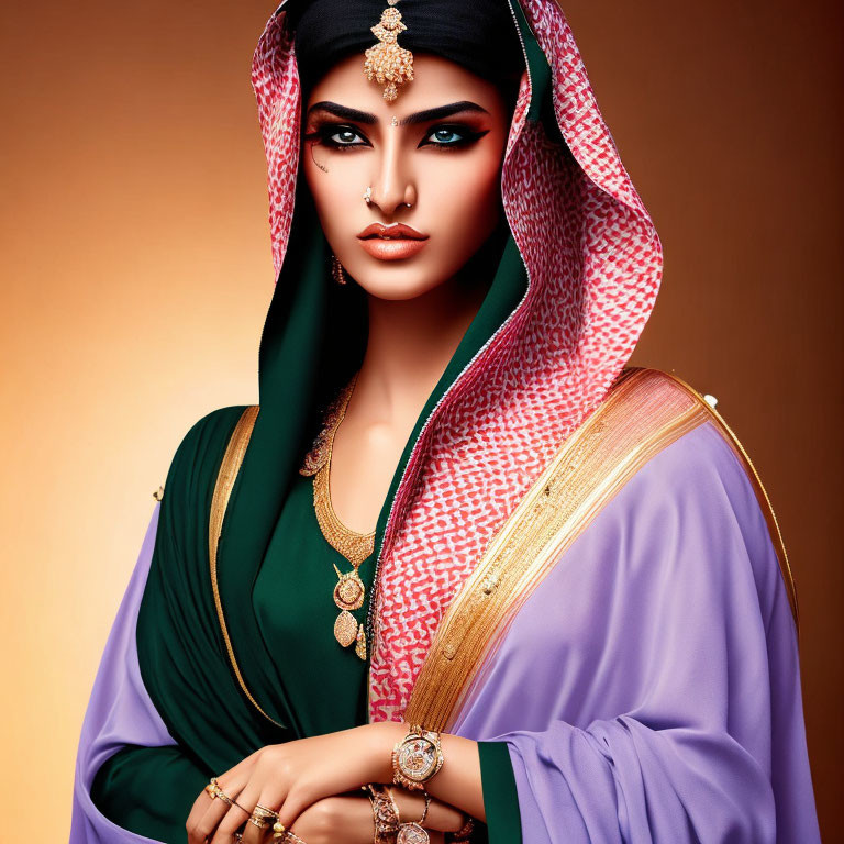 Woman in South Asian attire with dramatic makeup on orange background