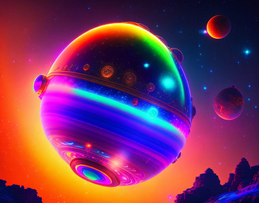 Futuristic spaceship hovering over alien landscape under colorful nebula sky