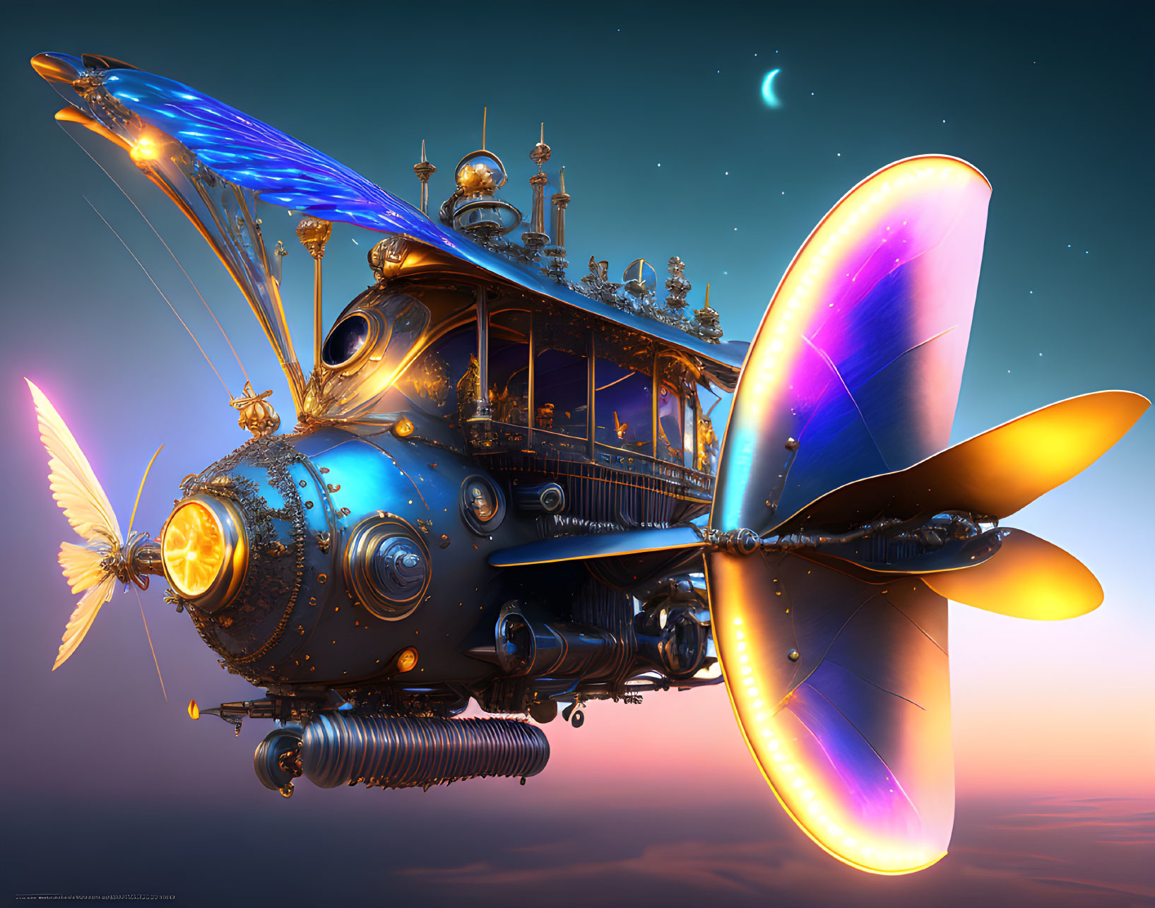 Steampunk-style airship with butterfly wings in serene twilight sky