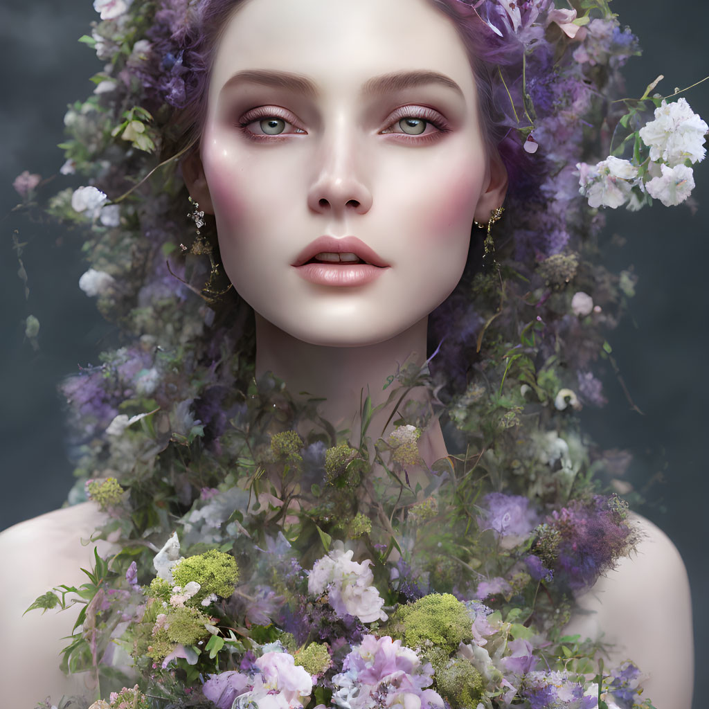 Woman portrait with flowers in hair and around neck, pastel blooms, serene expression, grey backdrop