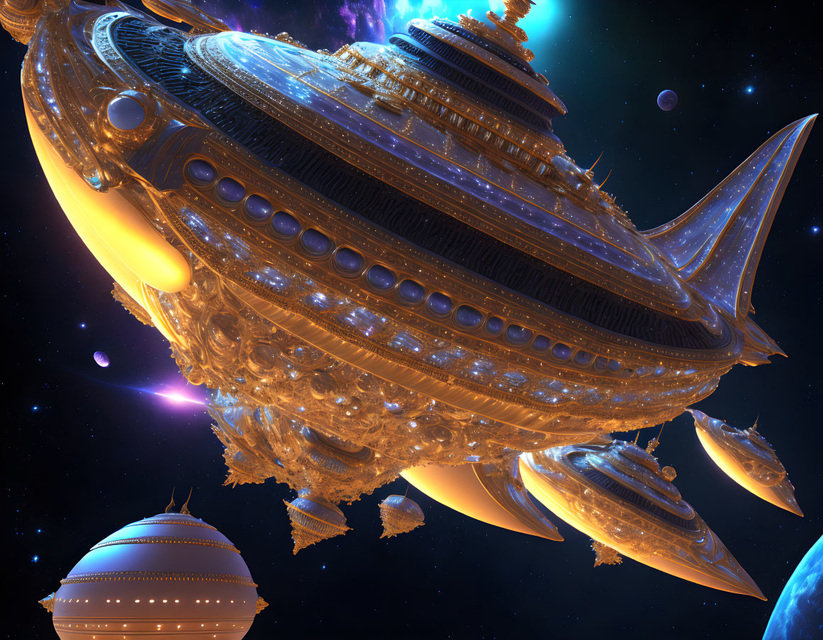 Golden ornate spaceship in space with planets and stars.
