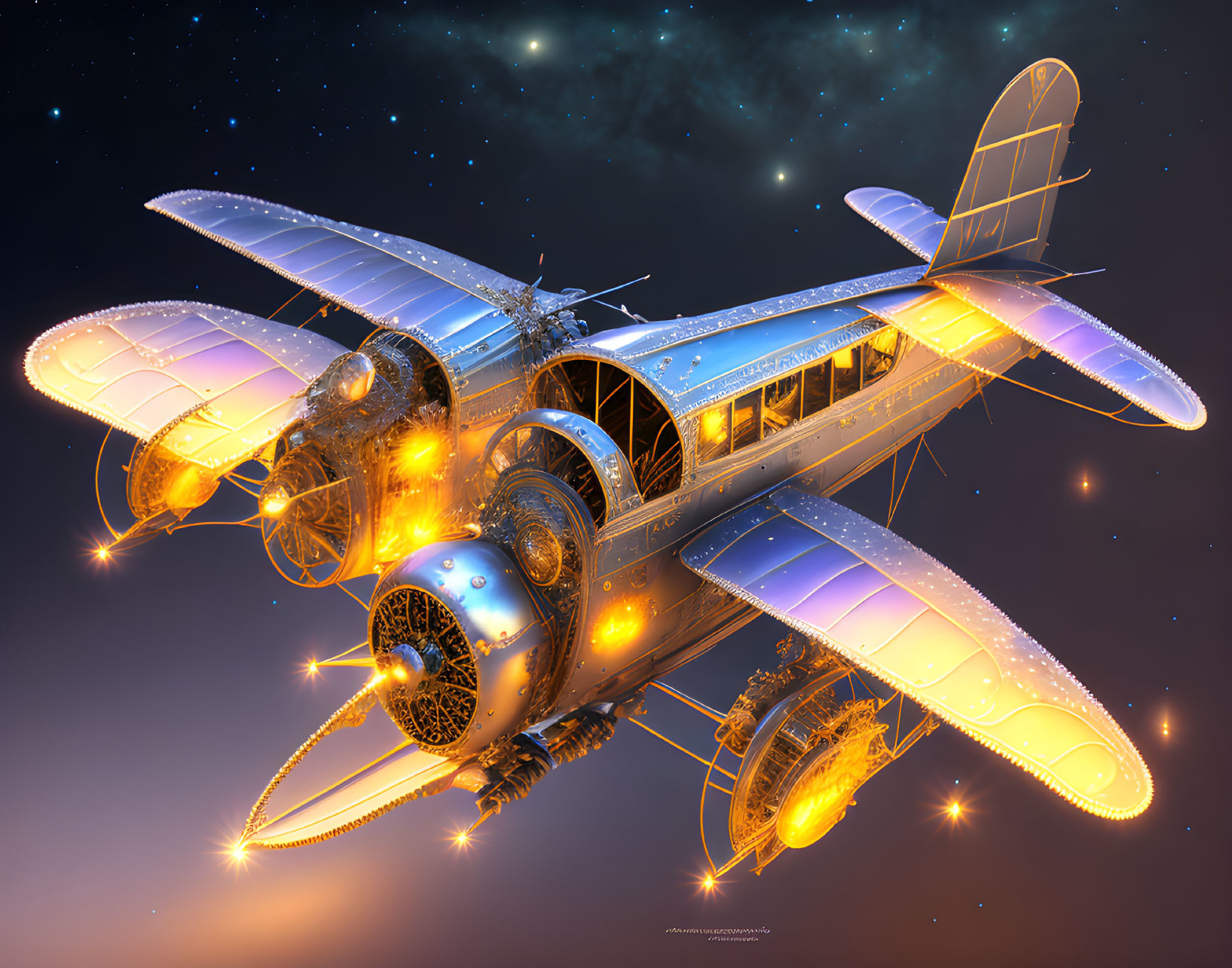 Detailed Steampunk Aircraft with Exposed Mechanics on Starry Sky Background