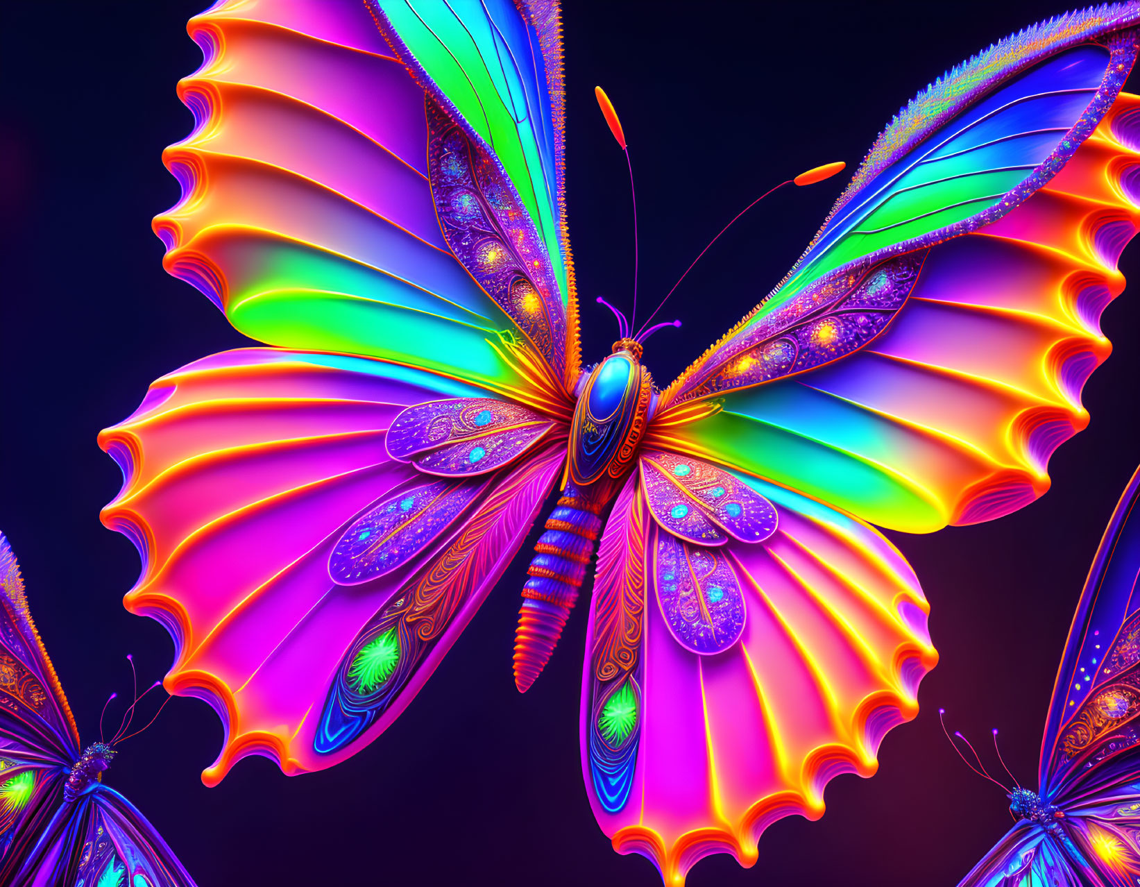 Neon-colored butterfly with intricate wing patterns on dark background