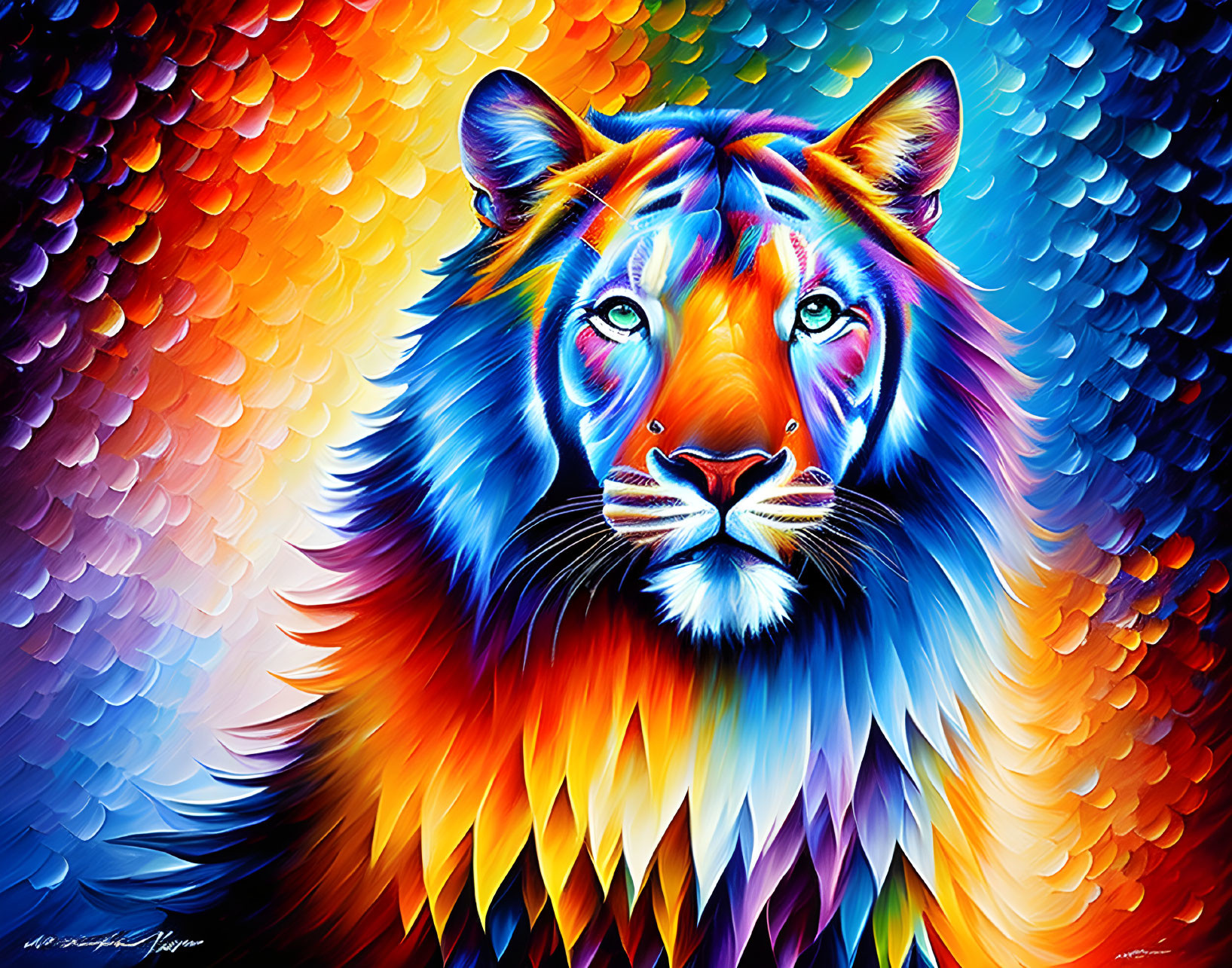 Colorful Lion Painting with Rainbow Mane and Blue Eyes on Textured Background