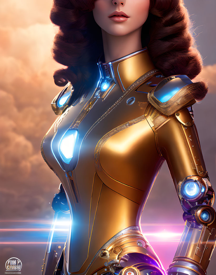 Futuristic female character in golden armored suit with glowing blue lights