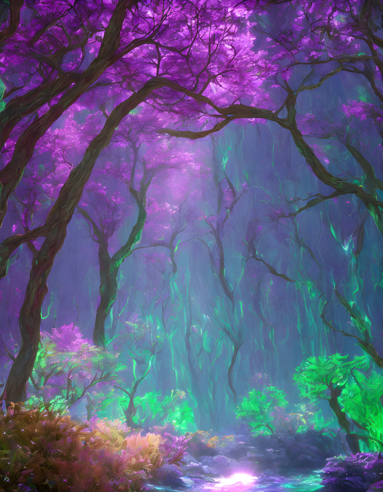 Mystical forest with vibrant purple foliage and magical light