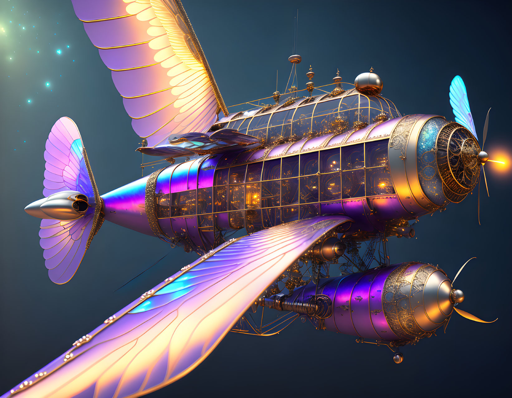 Steampunk airship with mechanical butterfly wings in twilight sky