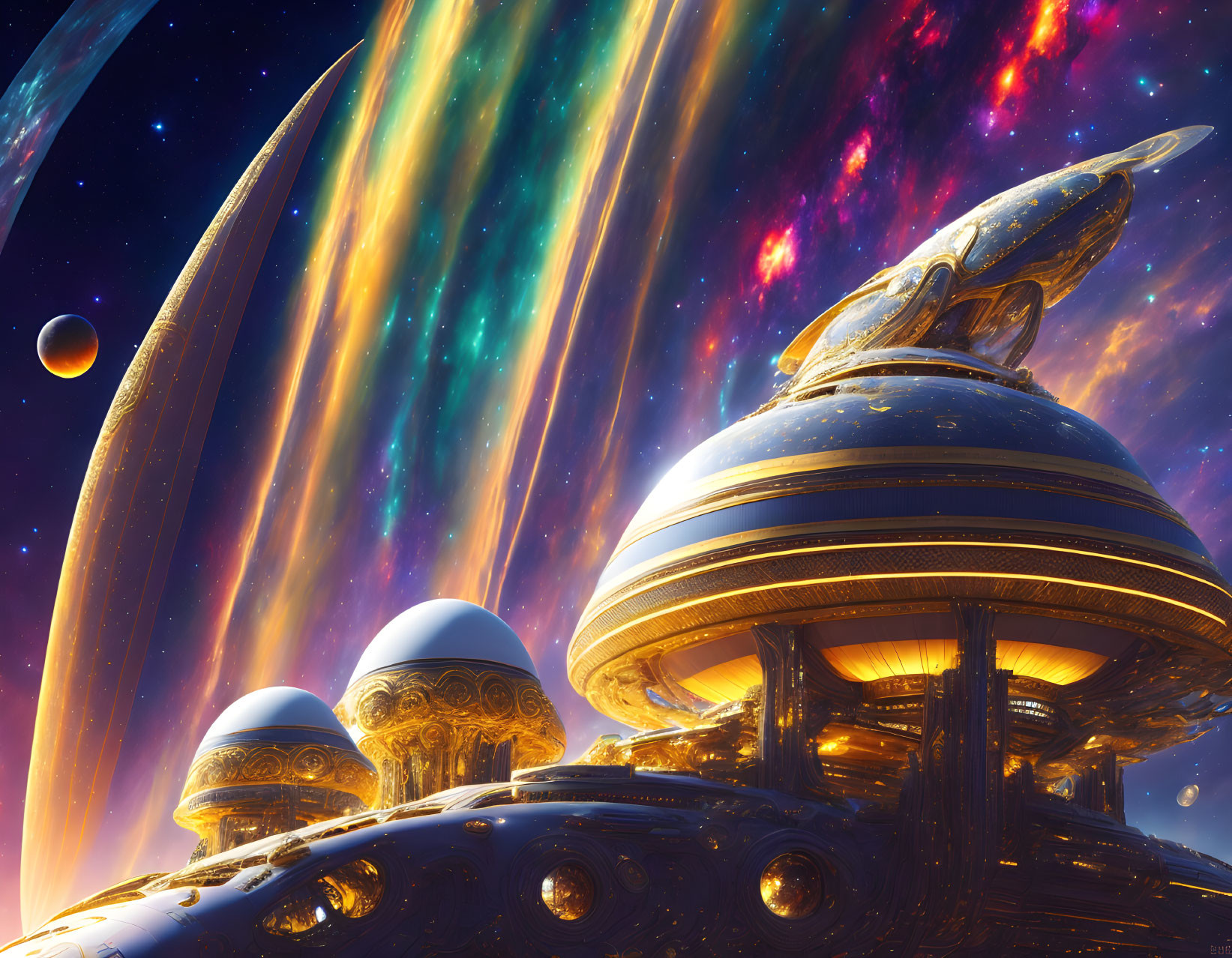 Futuristic space station with domes in cosmic backdrop