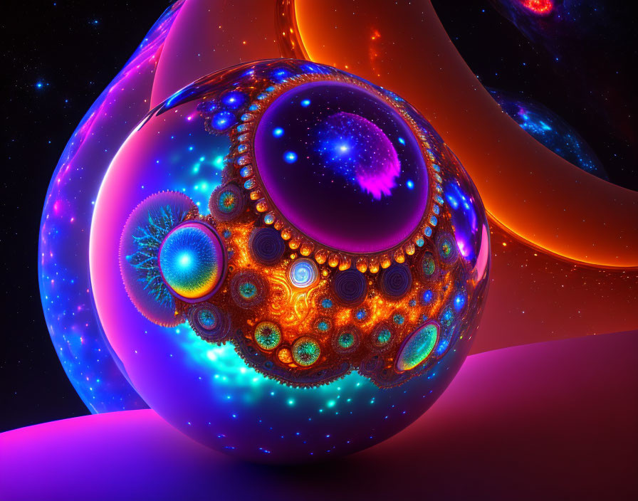 Colorful 3D fractal art featuring glossy spherical object in cosmic backdrop