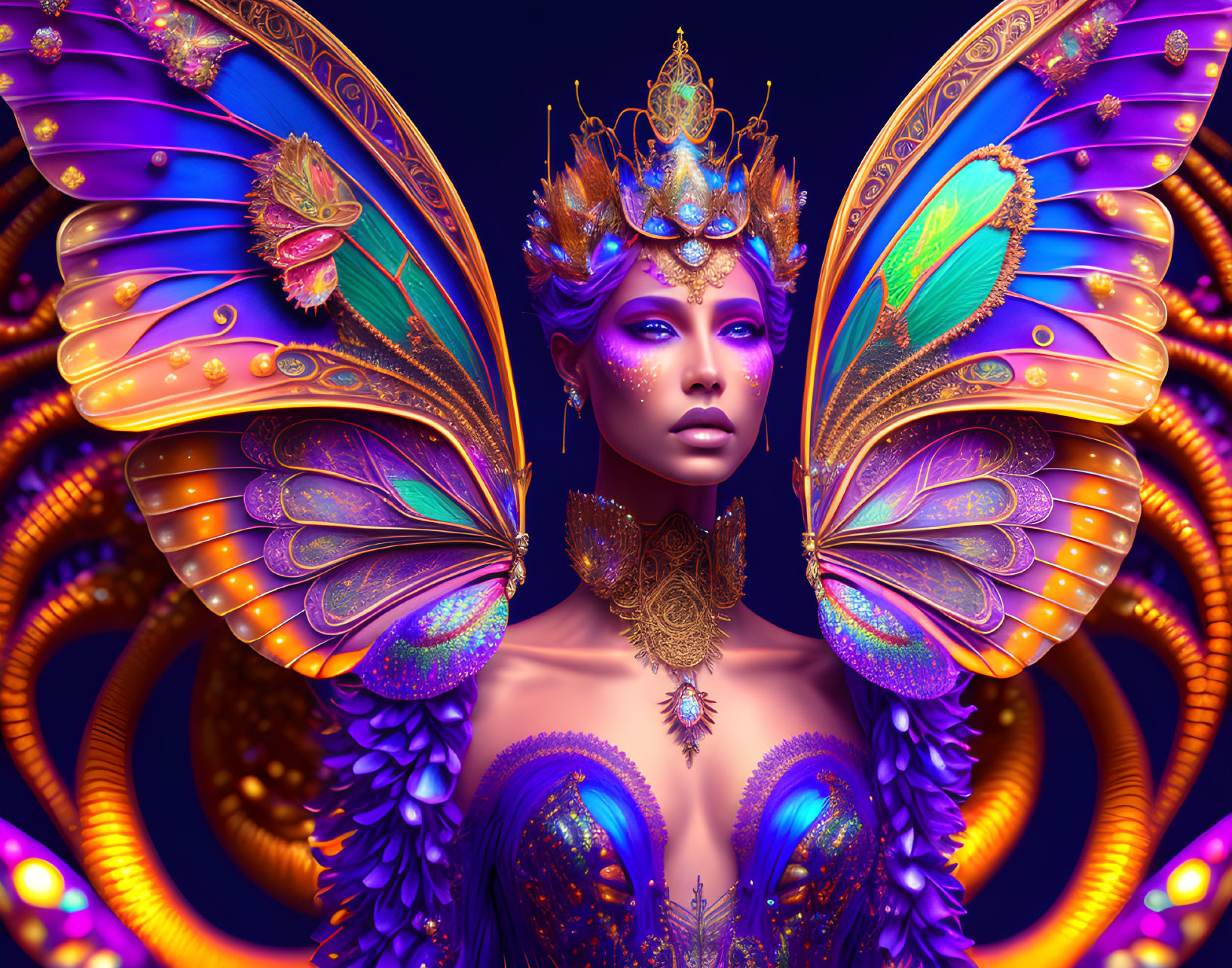 Regal butterfly wings and crown in vibrant digital art