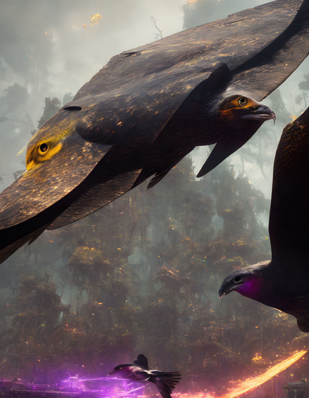 Gigantic Birds Flying Above Glowing Forest with Smaller Birds