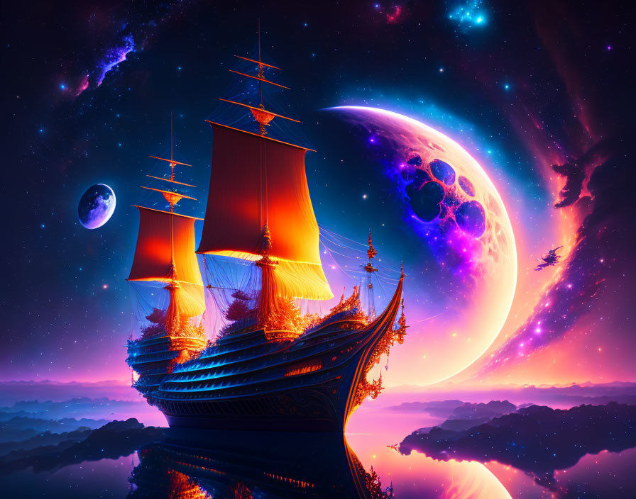 Majestic sailing ship in mystical purple nebula with celestial sky