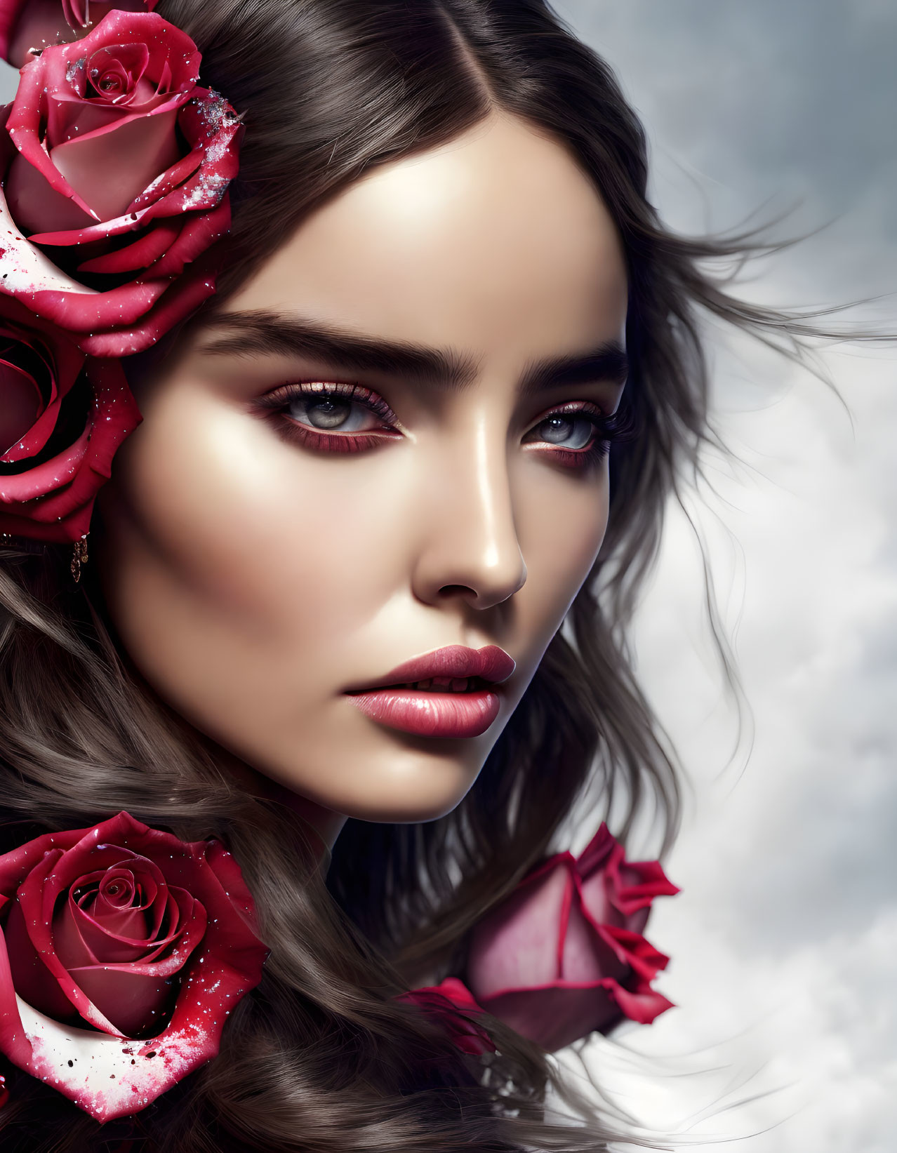 Digital portrait of woman with dramatic makeup and red roses in hair against cloudy sky.