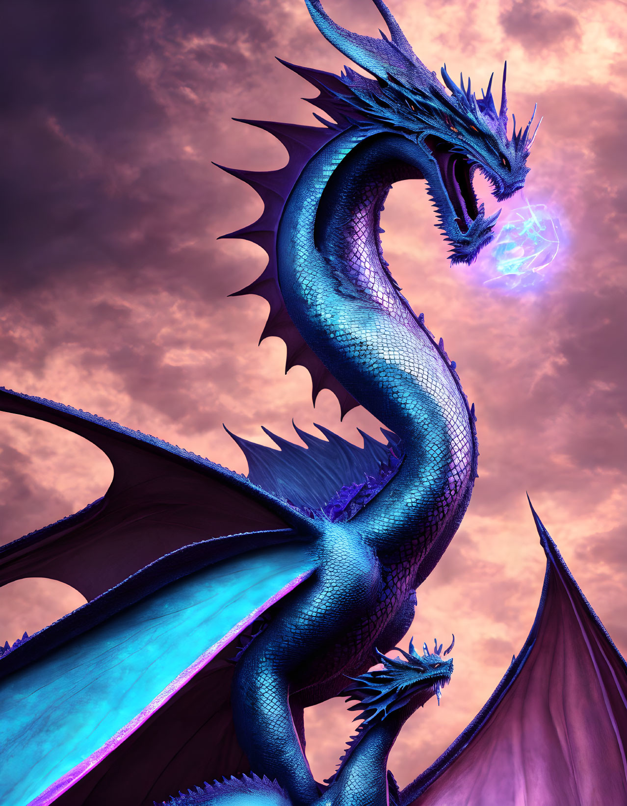 Blue dragon with glowing eyes and scales holding a mystical orb in a pink and purple sky