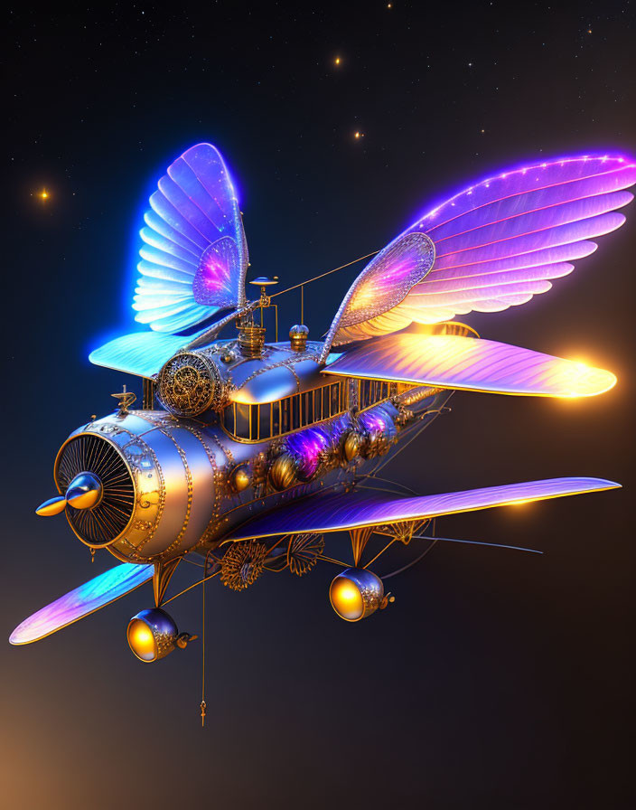 Steampunk-style flying machine with mechanical wings in starry night sky