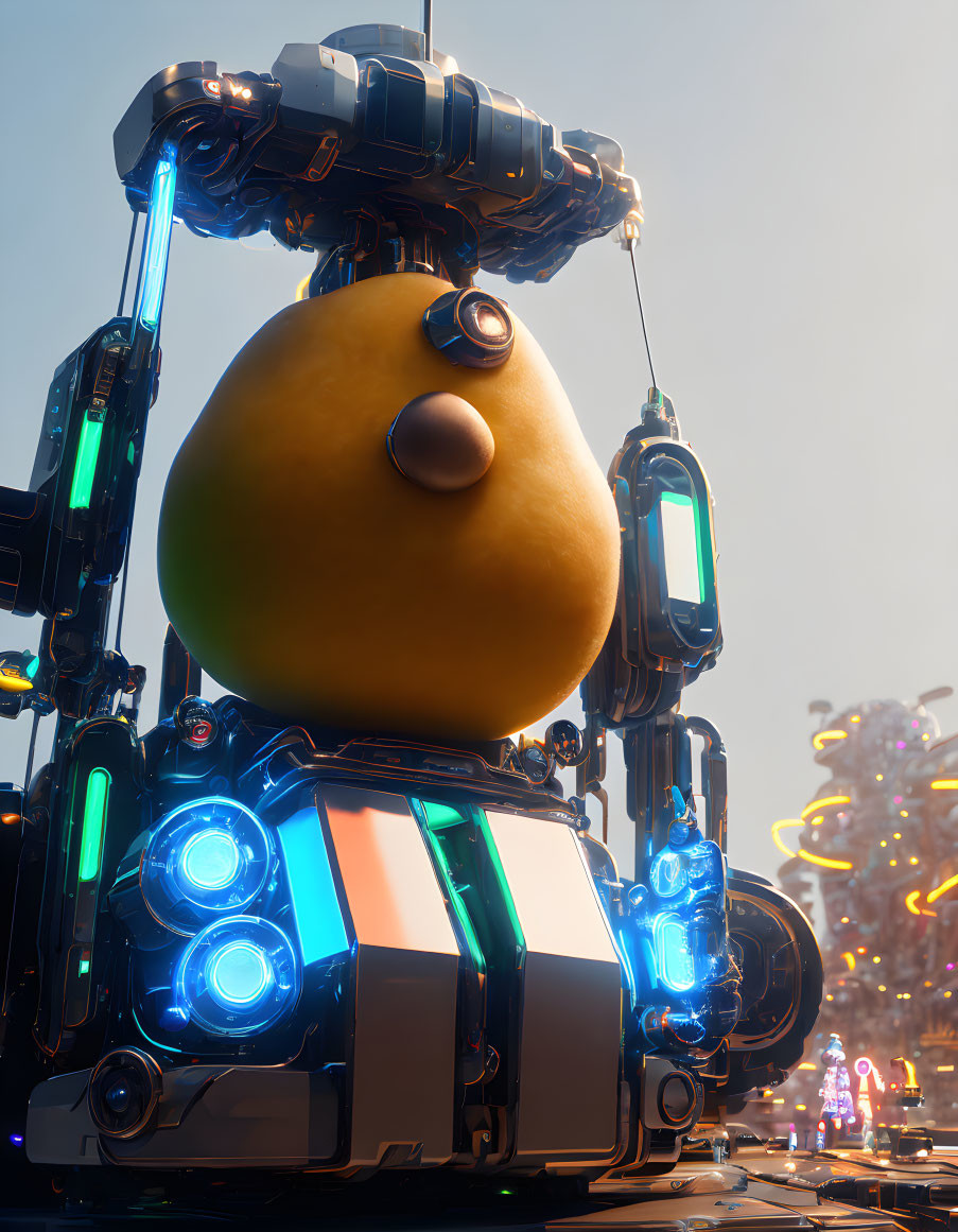 Futuristic robot with egg-shaped body and neon blue lights in cityscape