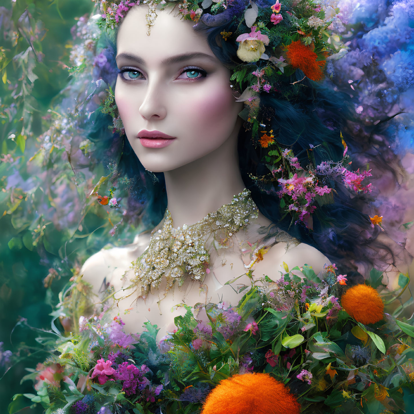 Vibrant blue-eyed woman with floral adornments in lush setting