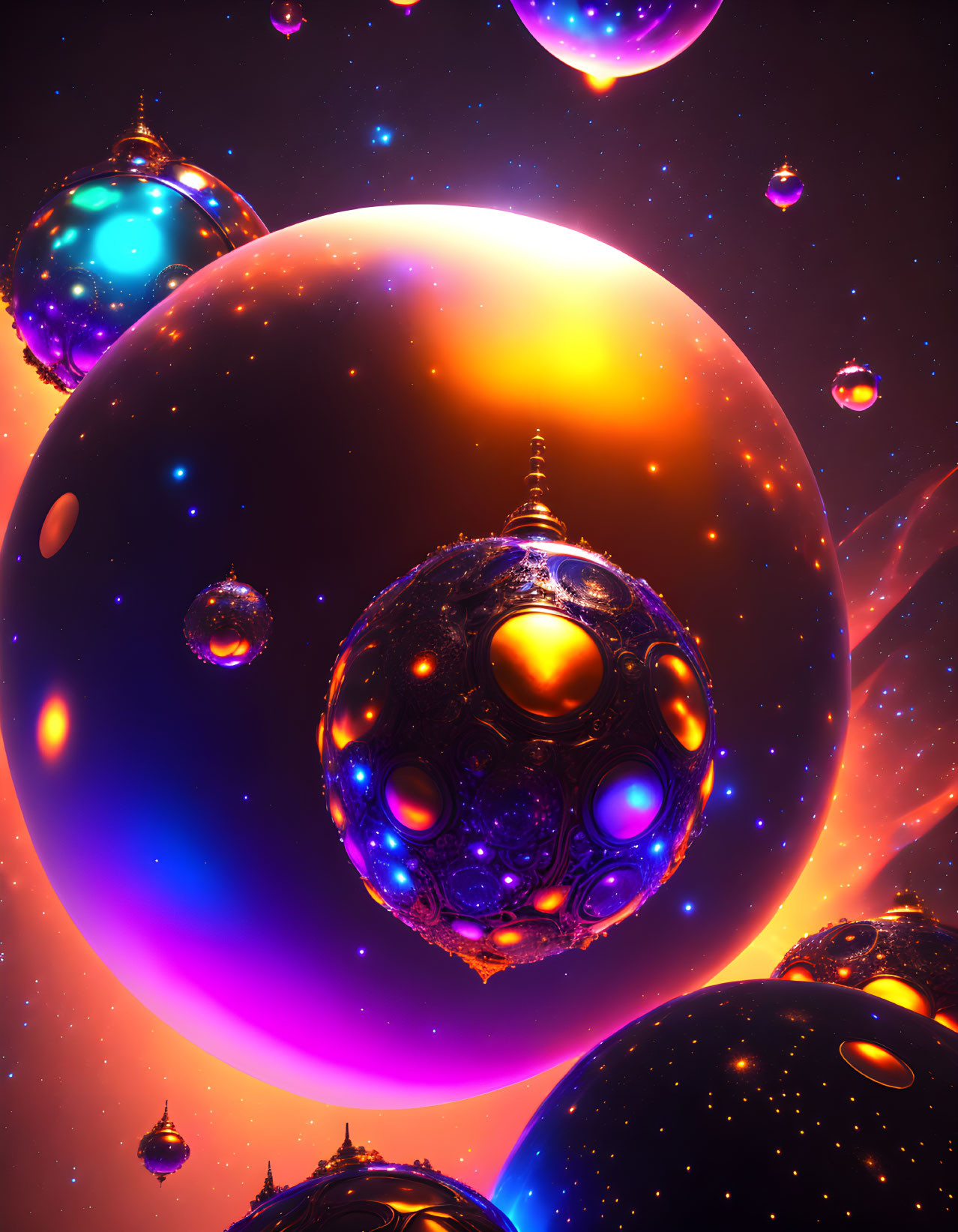 Ornate glowing spheres in vibrant cosmic scene