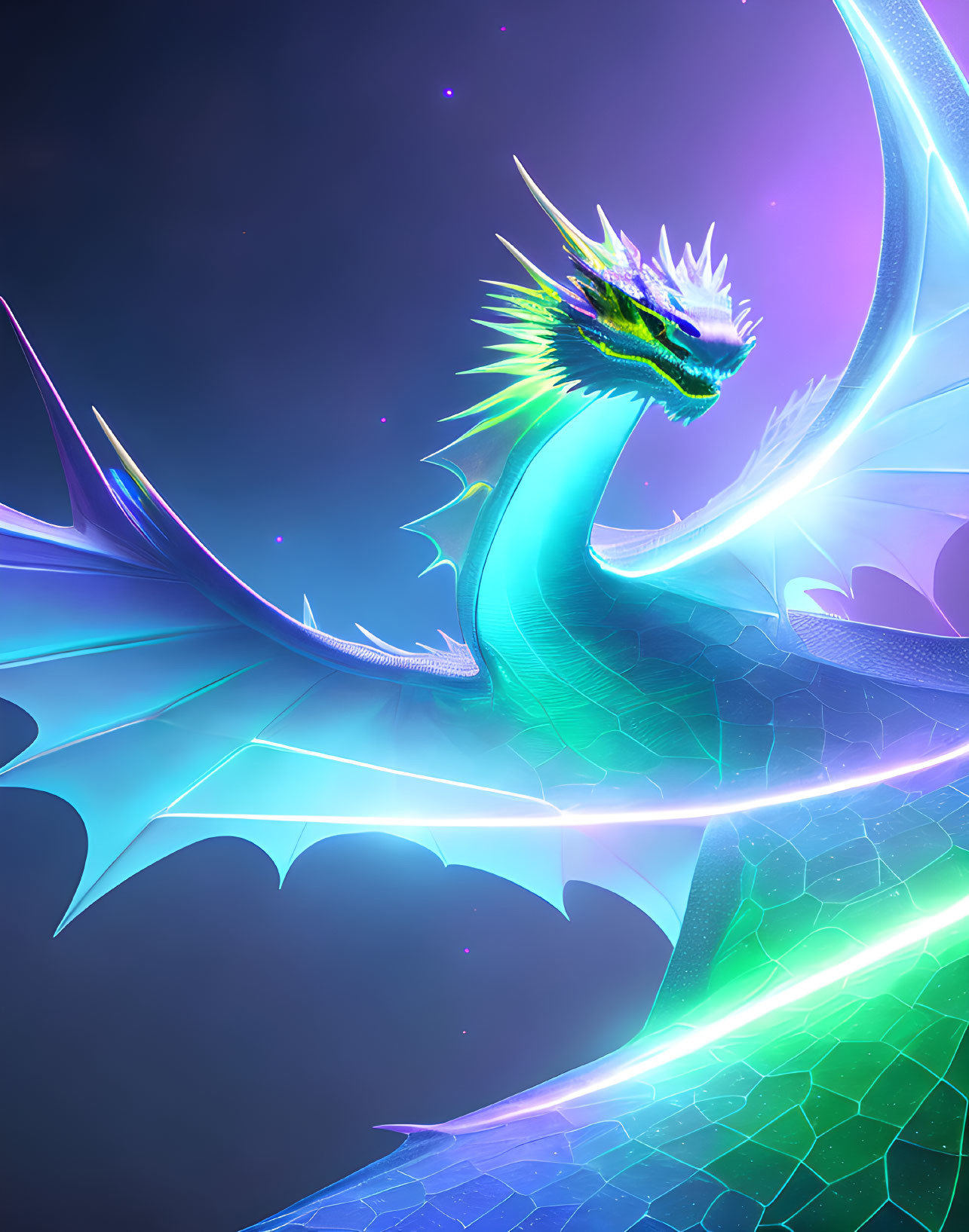 Colorful Dragon Artwork with Iridescent Scales and Neon Wings on Dark Purple Background