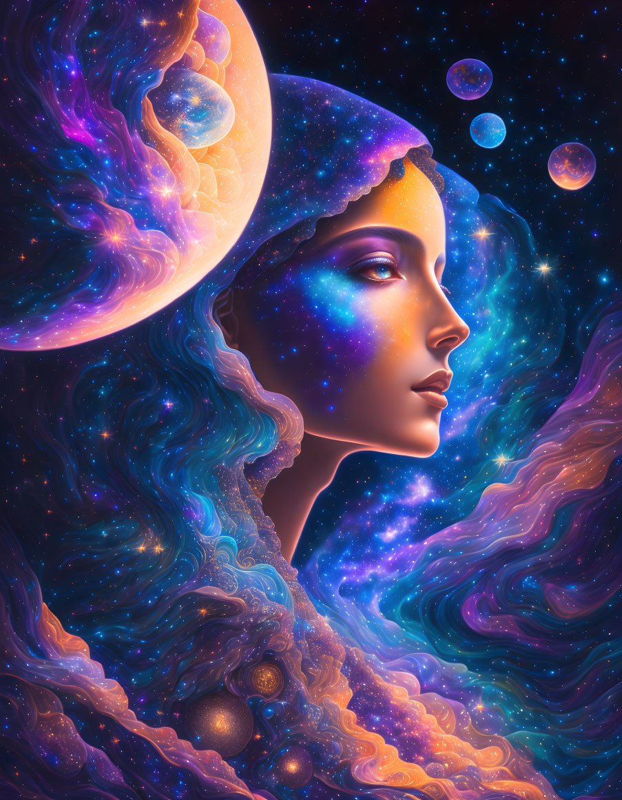 Illustration of woman with cosmic features and celestial elements.