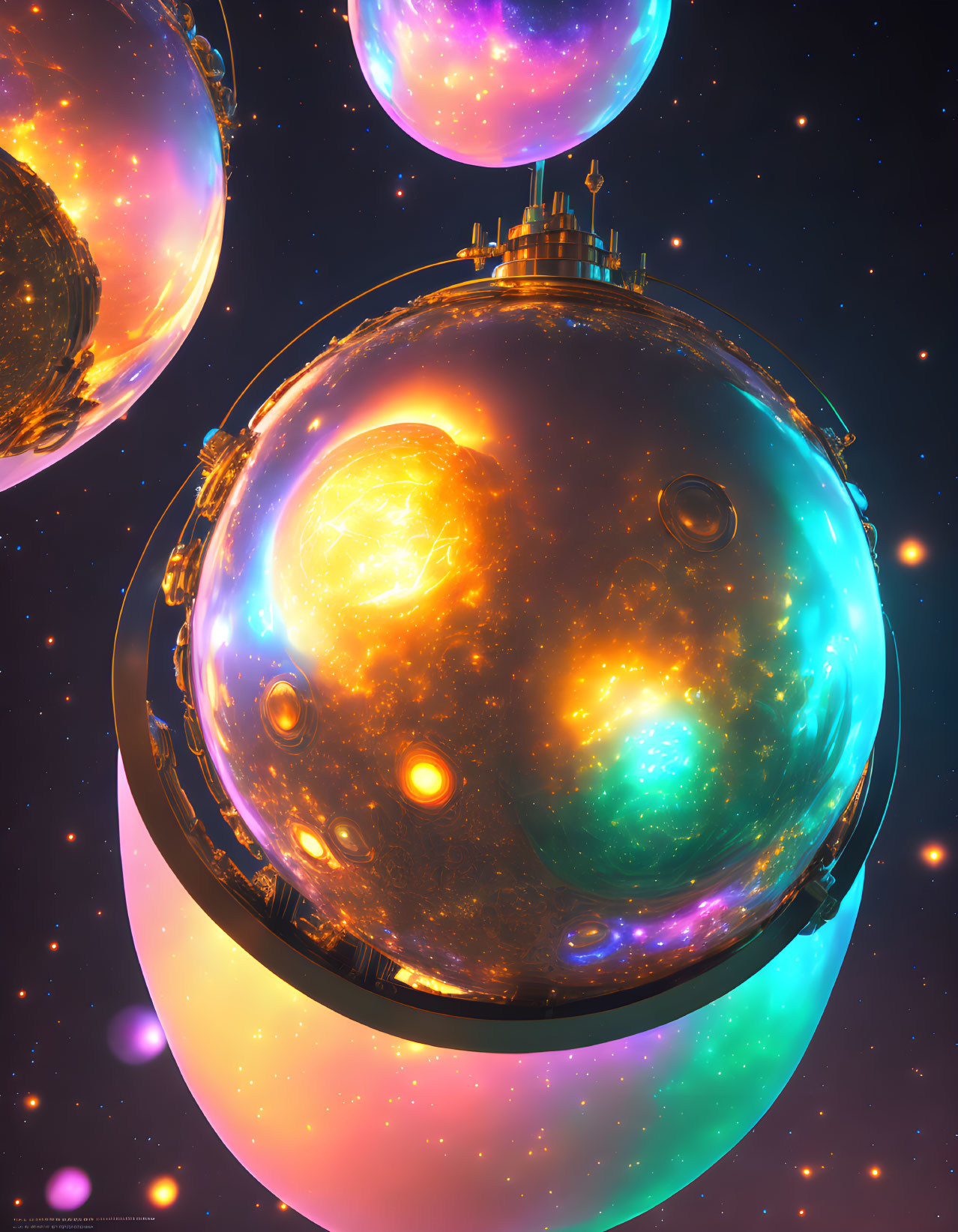 Interconnected luminescent spheres in cosmic digital artwork