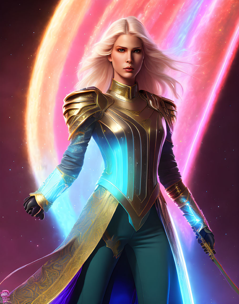 Fantasy female warrior with white hair in golden armor and cosmic nebulas.
