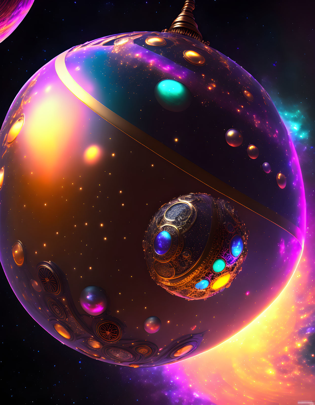 Detailed Digital Artwork: Futuristic Ornate Spheres in Cosmic Setting