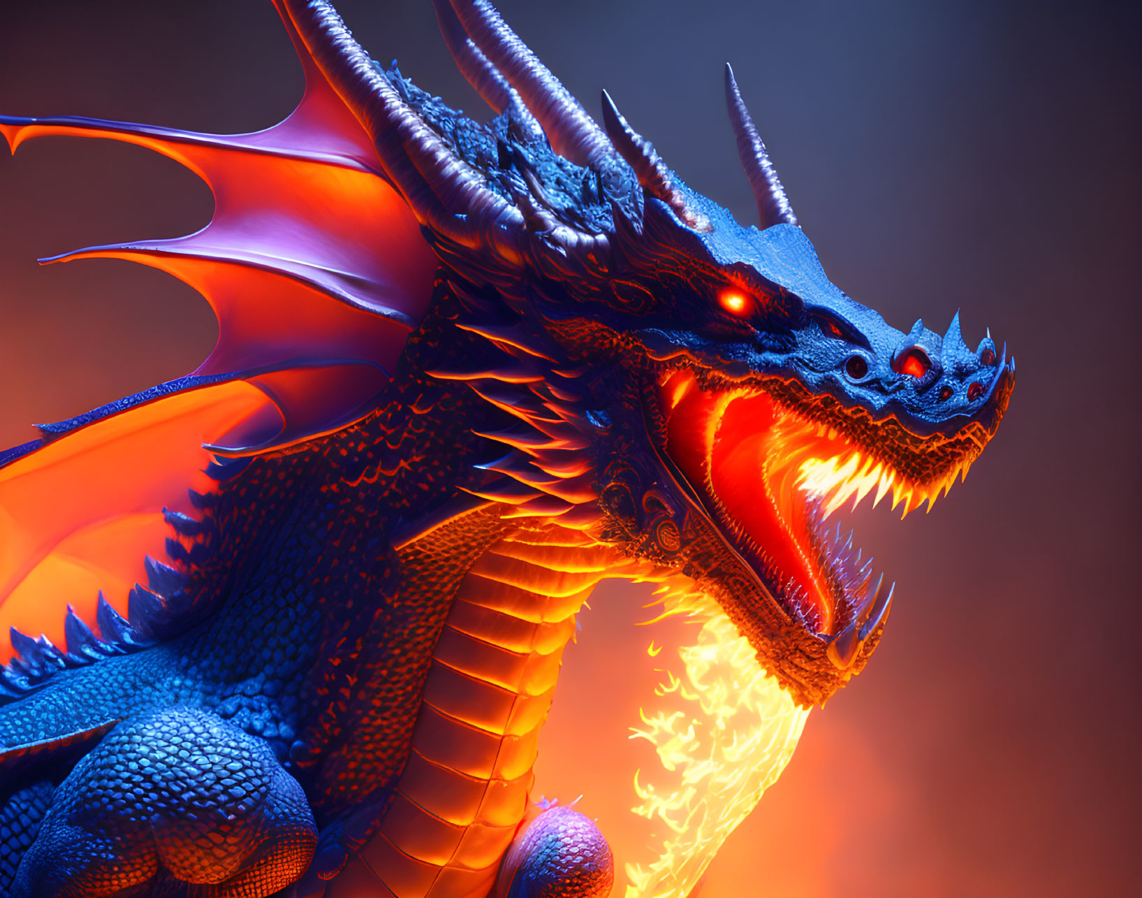 Detailed 3D Rendering of Blue Dragon with Glowing Red Eyes and Flames on Orange Backdrop