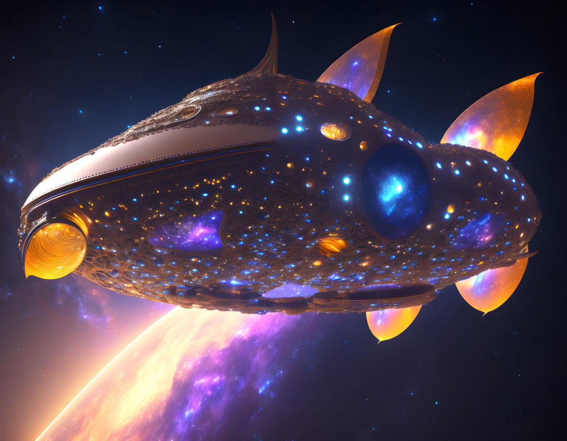 Futuristic spaceship with glowing lights in space against stars and nebulae