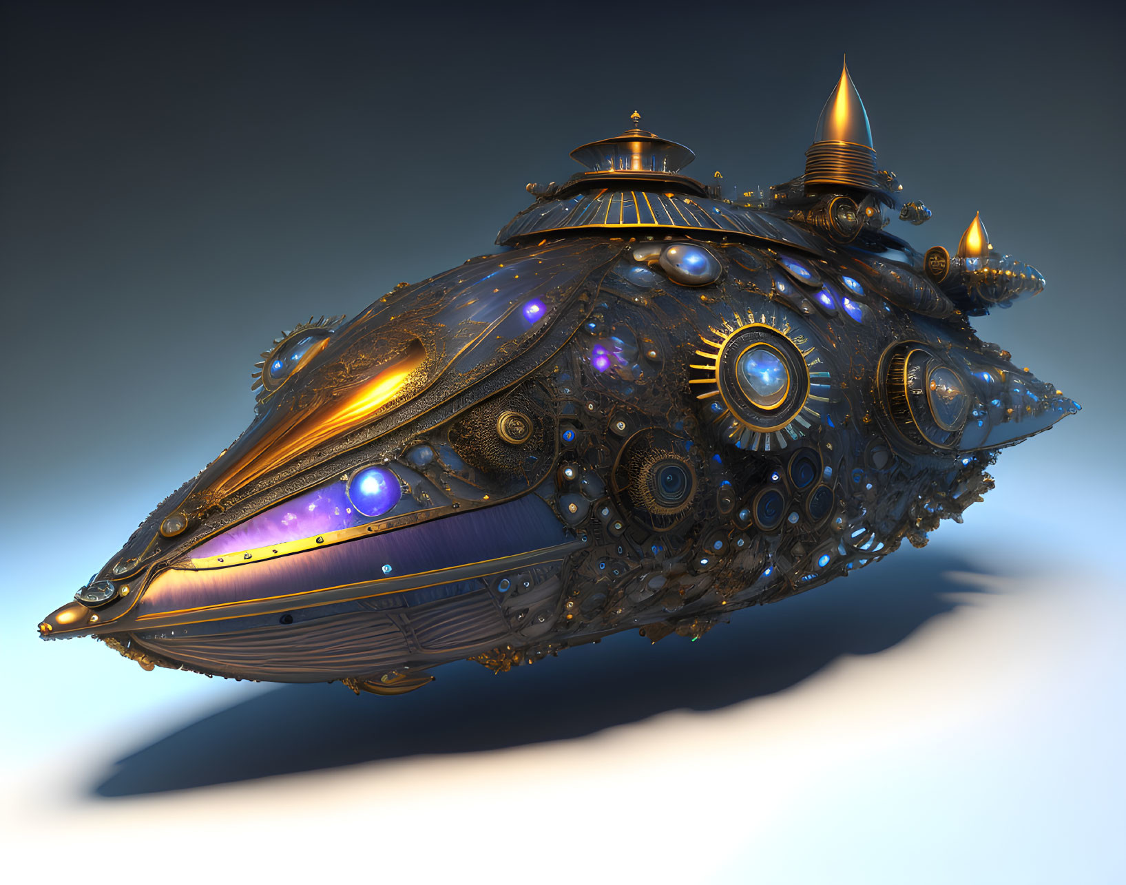 Detailed Steampunk Style Airship with Metal Embellishments on Blue Gradient Background