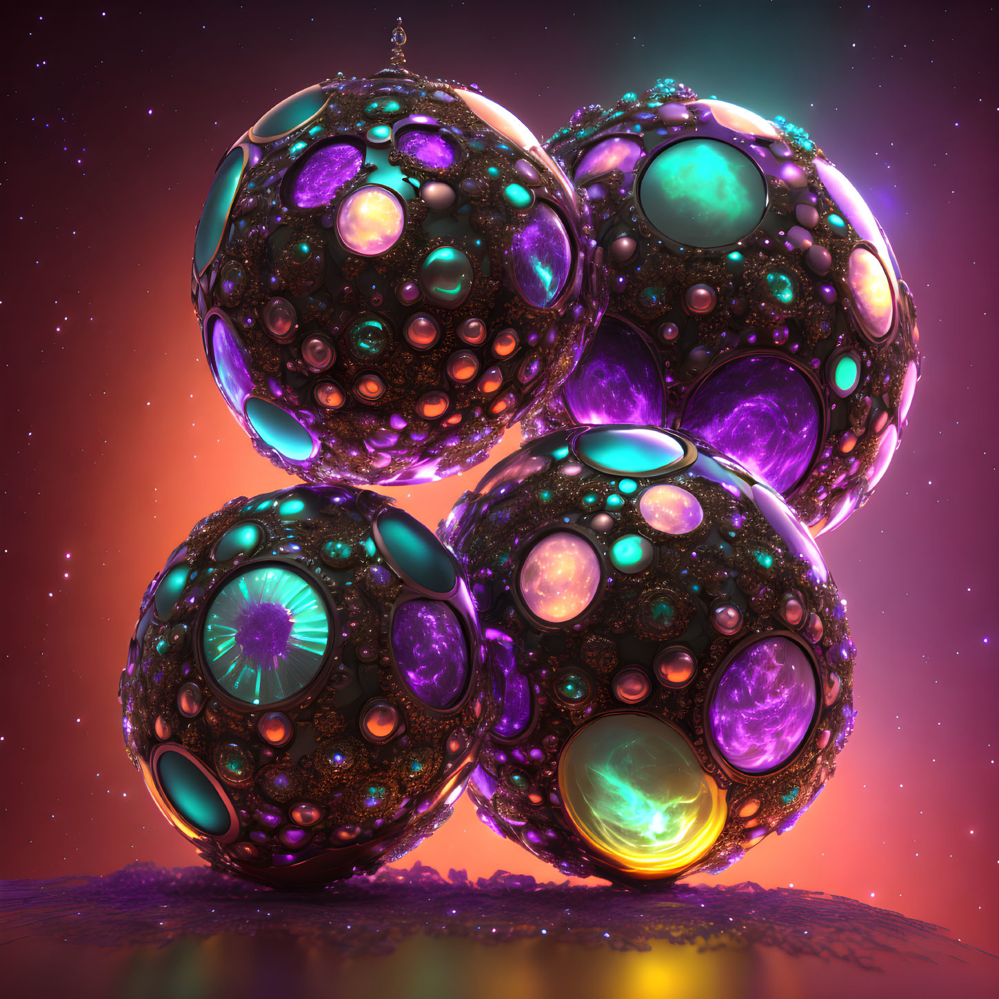 Intricate jewel-embedded spheres on red and purple background
