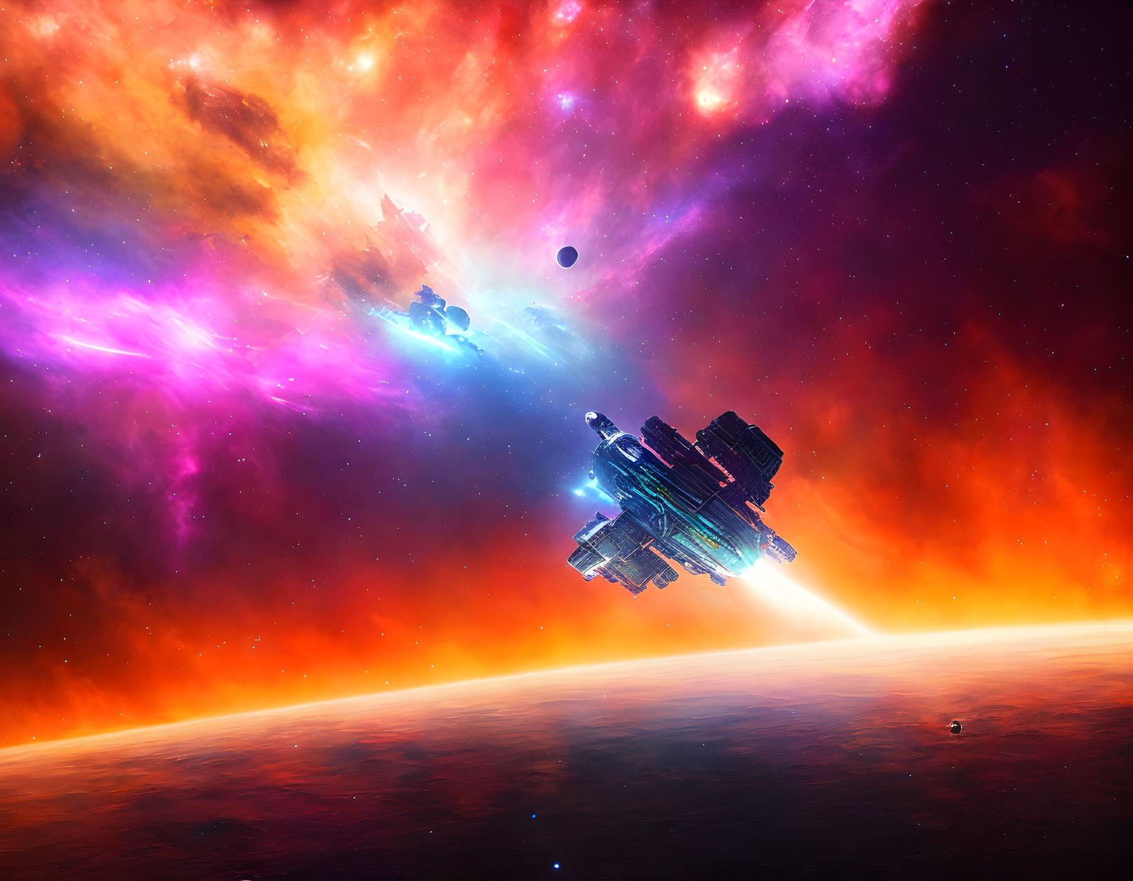 Colorful Space Scene with Futuristic Spaceship & Nebulae