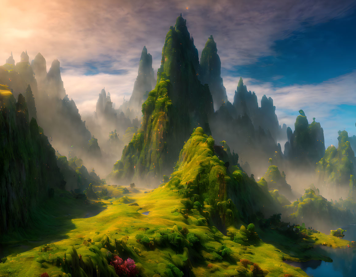 Misty Peaks and Green Valleys at Sunrise