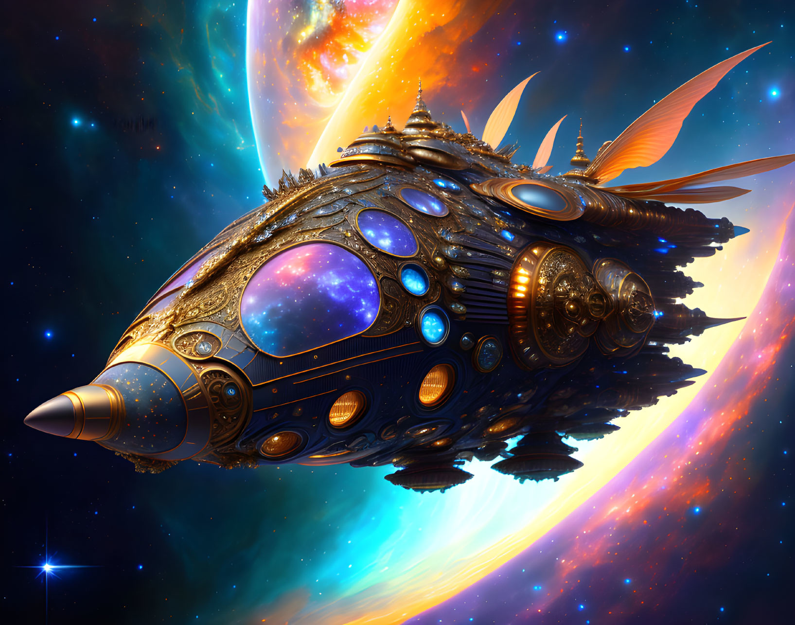 Detailed Ornate Spaceship Soaring in Colorful Cosmic Background