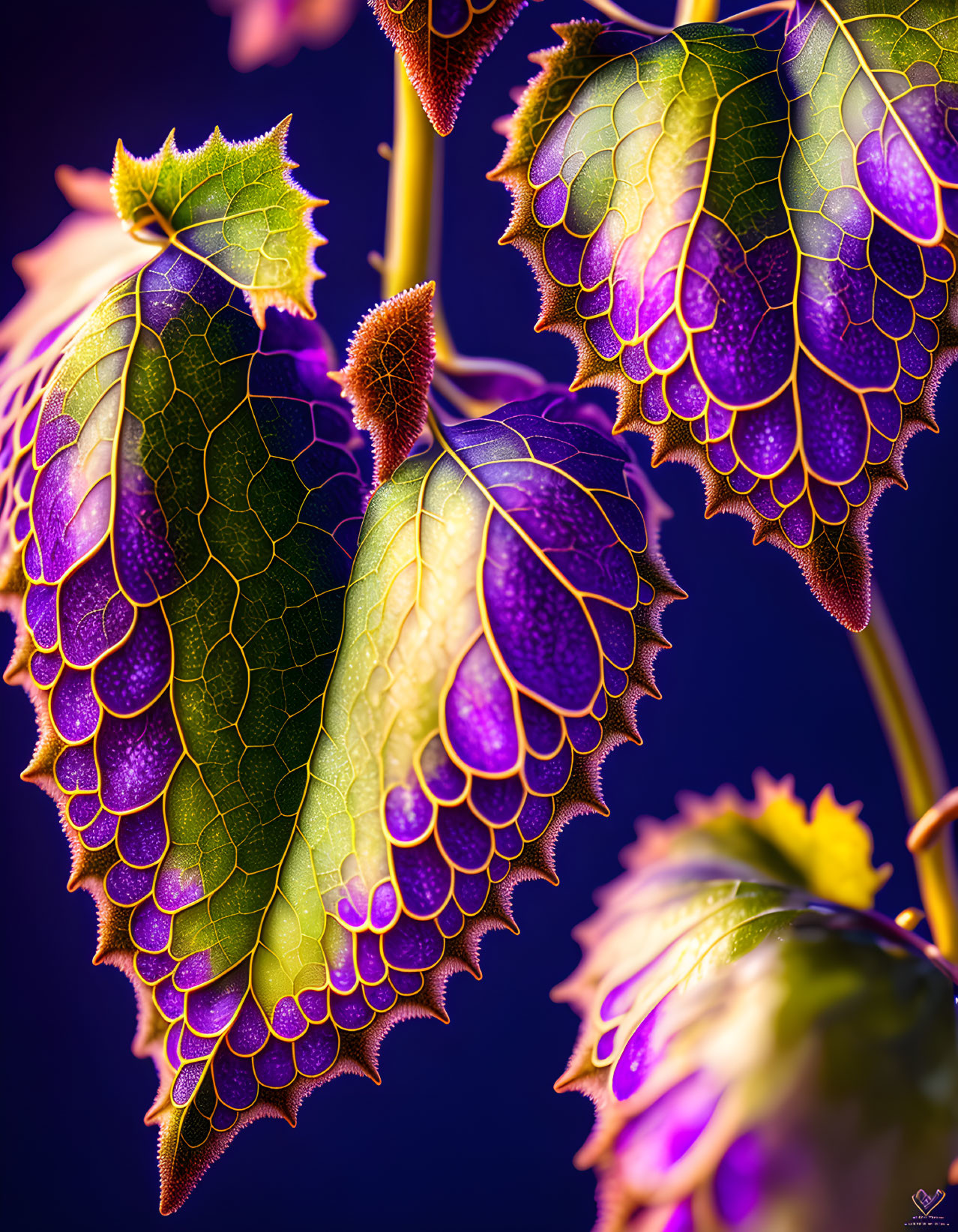 Detailed Close-up of Vibrant Purple Leaves with Vein Patterns and Dew Drops on Dark Background