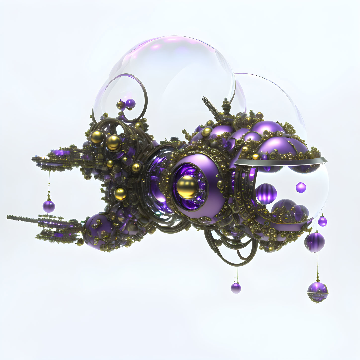 Complex Steampunk-Inspired 3D Render with Transparent Bubbles