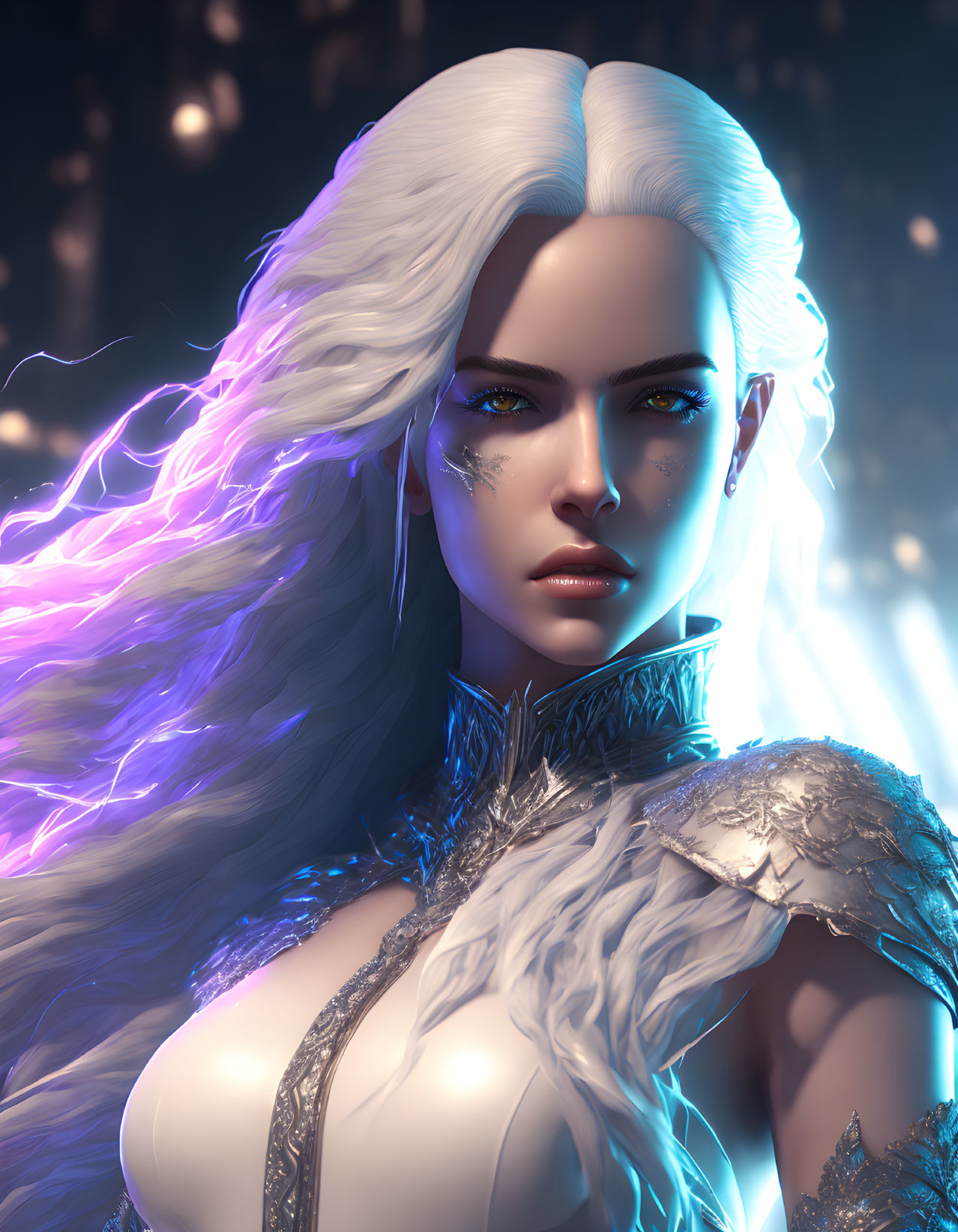 Digital artwork: Woman with purple eyes, white hair, and fantasy attire