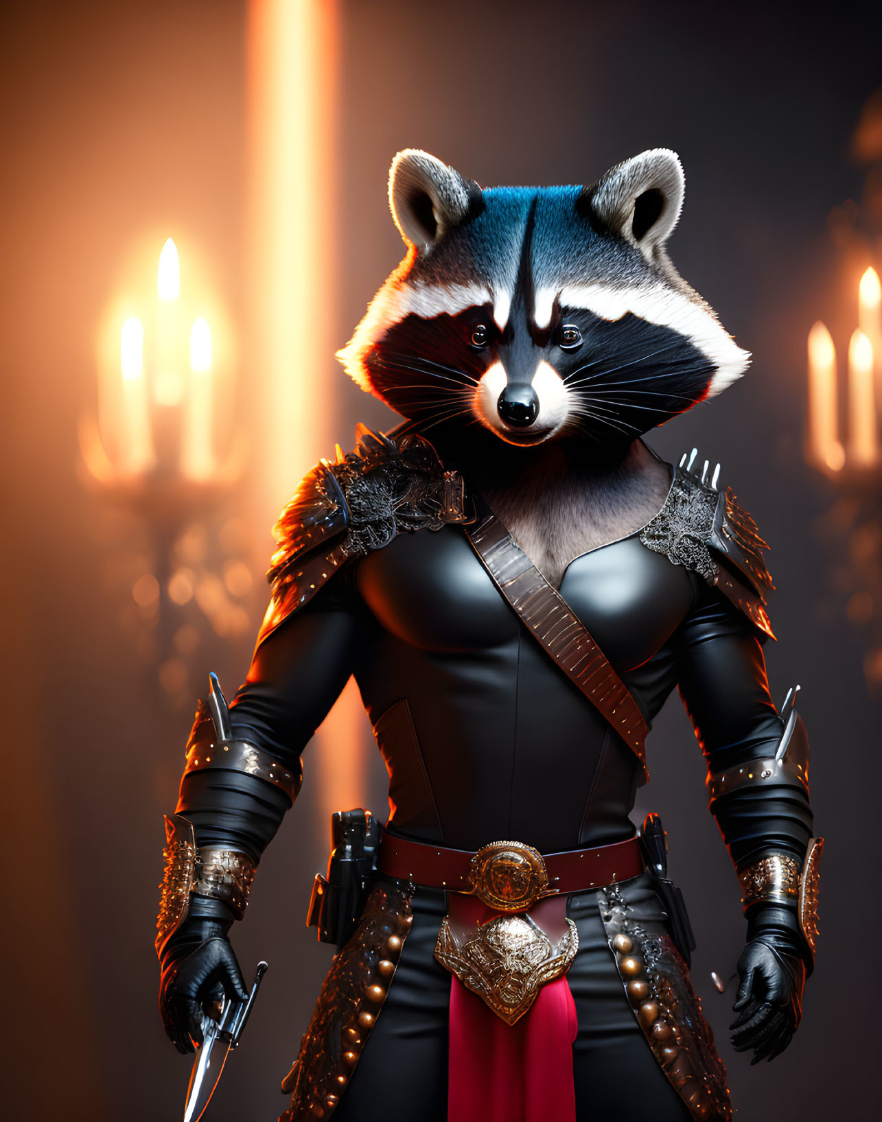 Anthropomorphic raccoon in medieval armor with sword and candlelit background