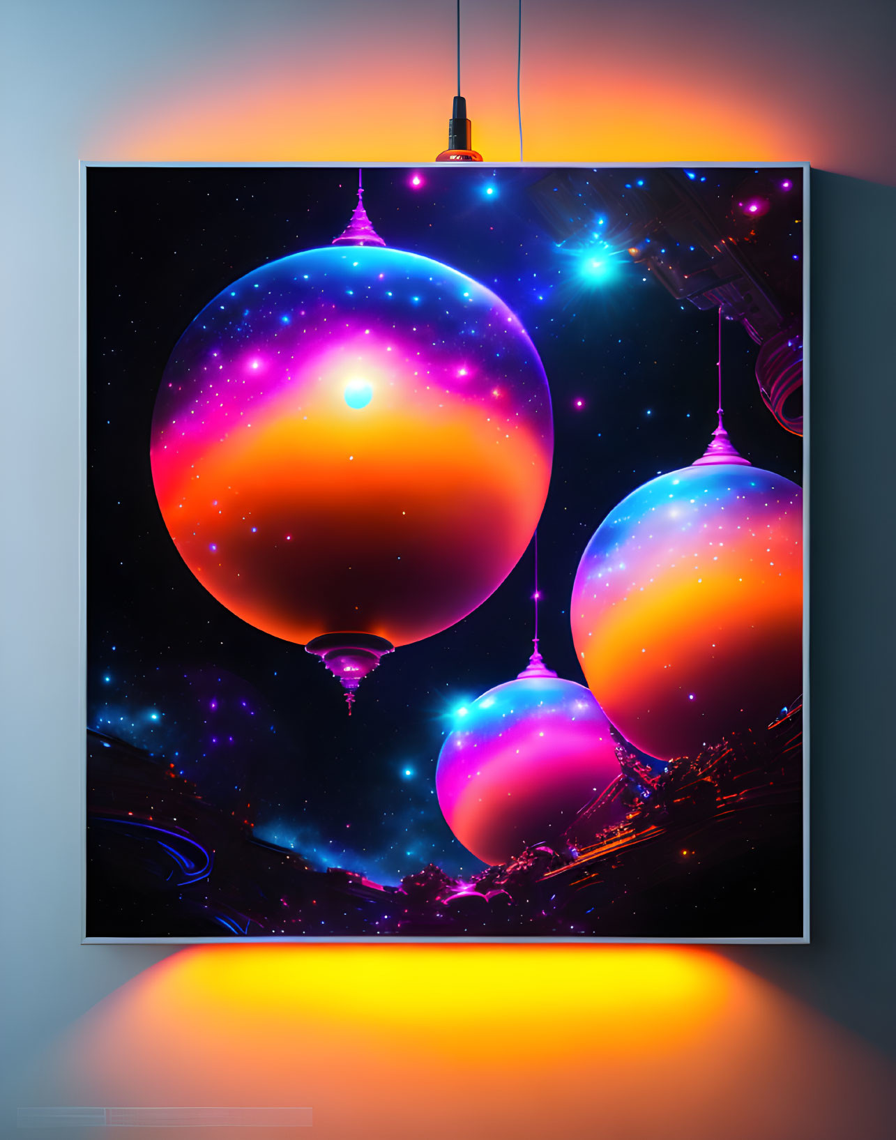 Colorful celestial orbs digital artwork on wall-mounted frame