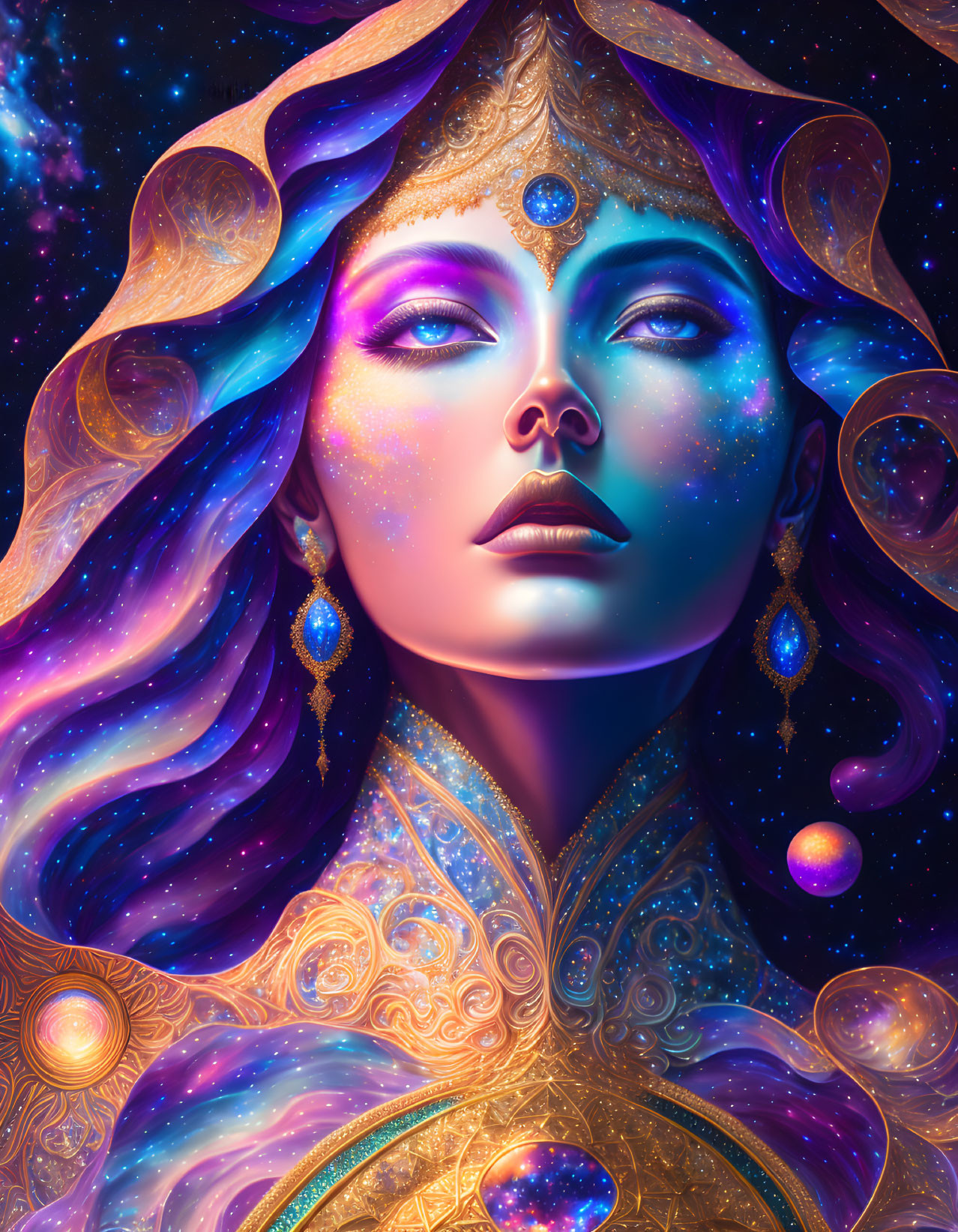 Vibrant digital portrait of woman with cosmic makeup and golden accessories against starry space backdrop.